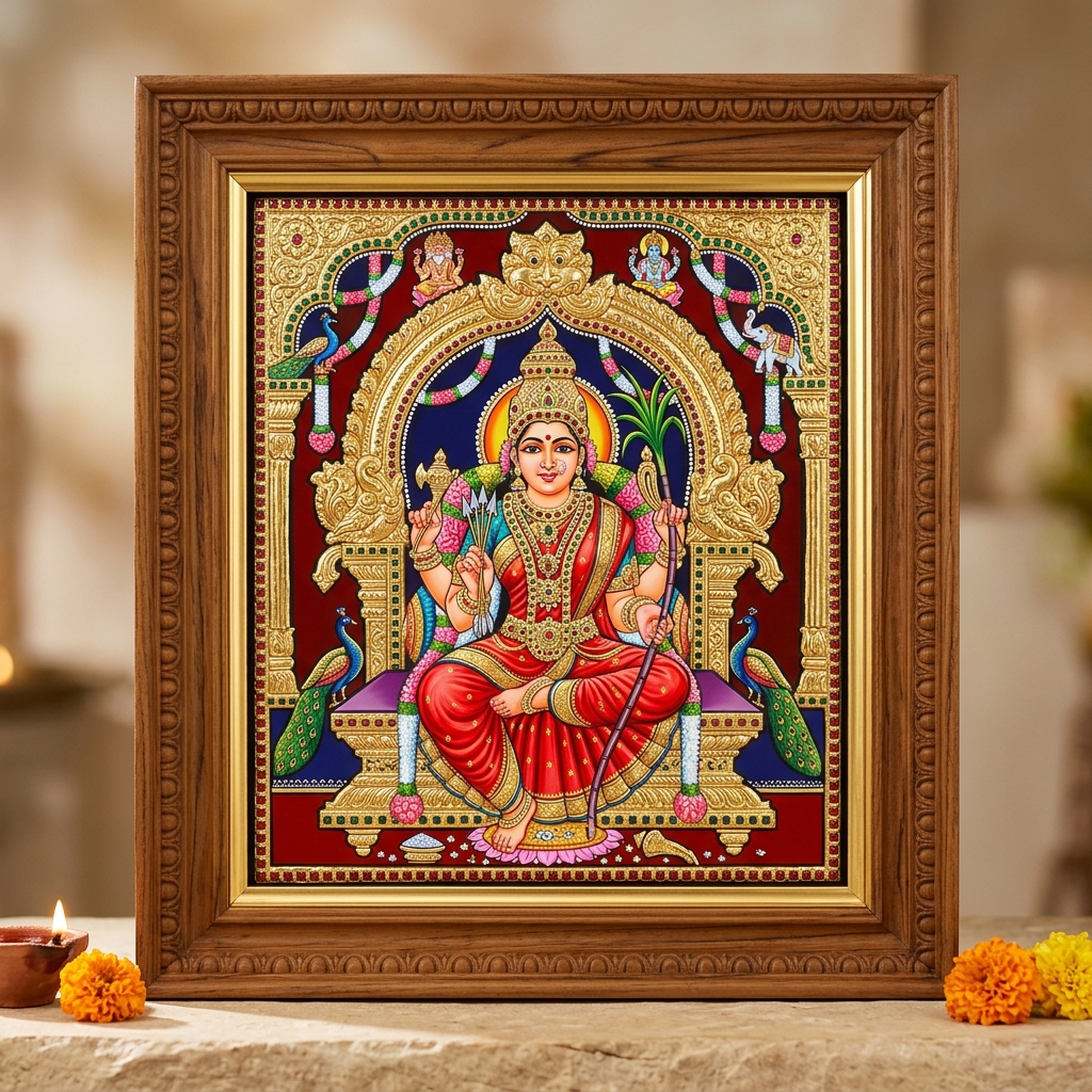 Tanjore Style Gold Foil Embossed Devotional Photo Frame (Goddess Kamakshi)